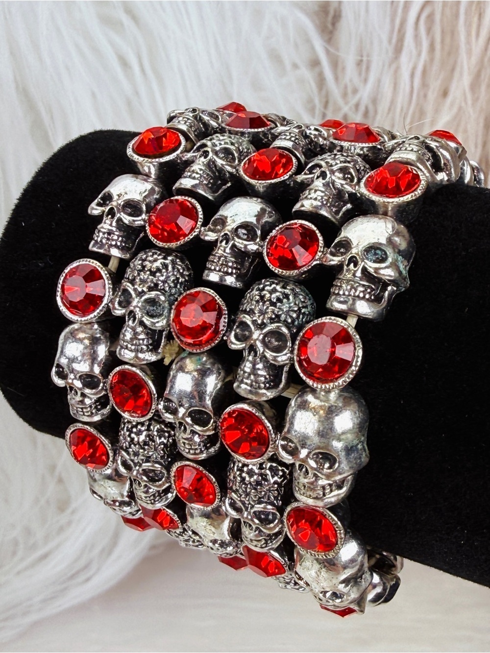 Heavy Silver Tone Skull Red Accent Wide Stretch Bracelet Gothic Punk